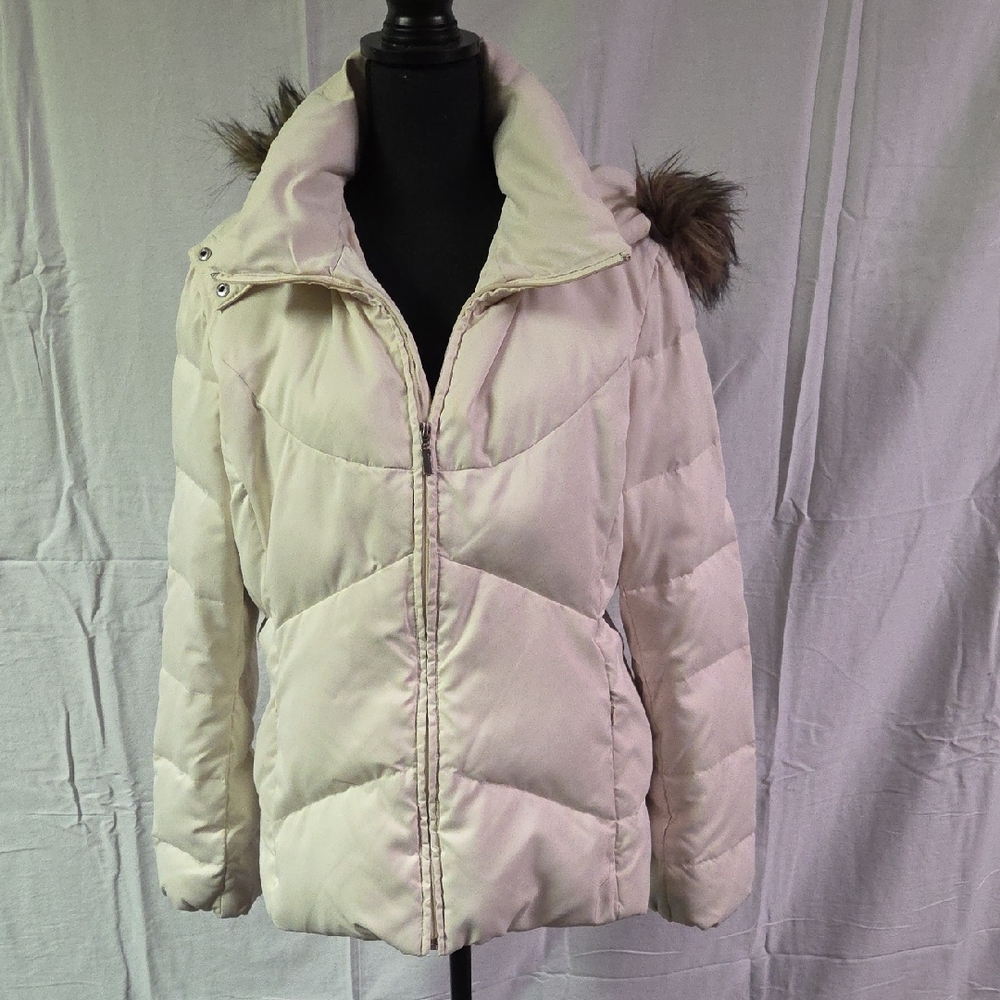 Nine West Off-White Puffer Jacket with Faux Fur Hood